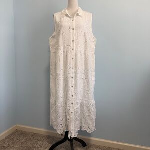 Valentina Naldi Women Eyelet Sleeveless Button Down White Cotton Lined Dress 1X